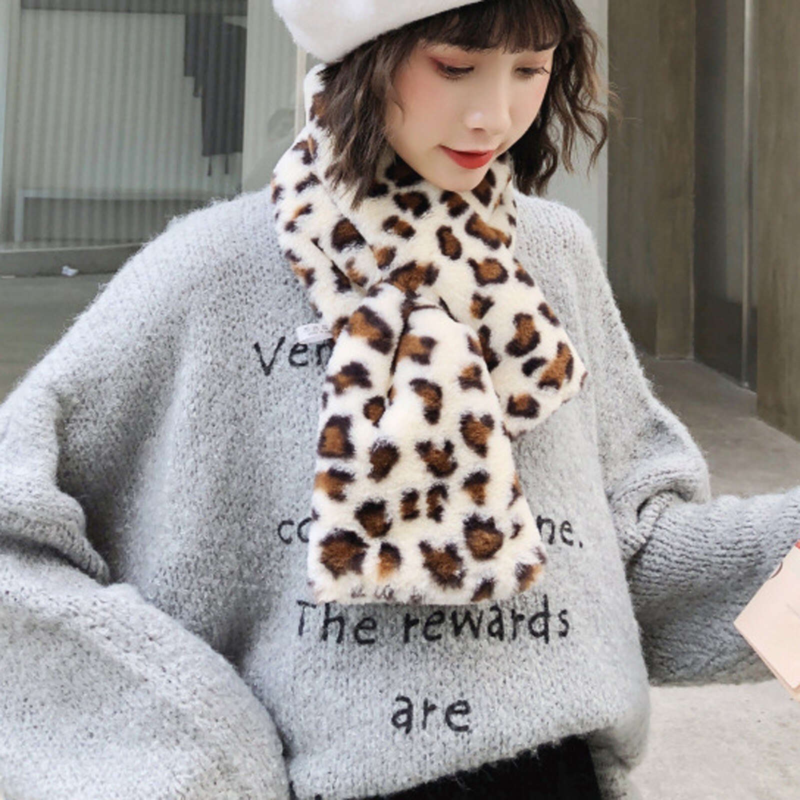 Women Leopard Print Scarves Wraps Winter Faux Villus Scarf Outerwear Lady Pearl Scarf Warm Multi-purpose Shawl Scarf Scarves