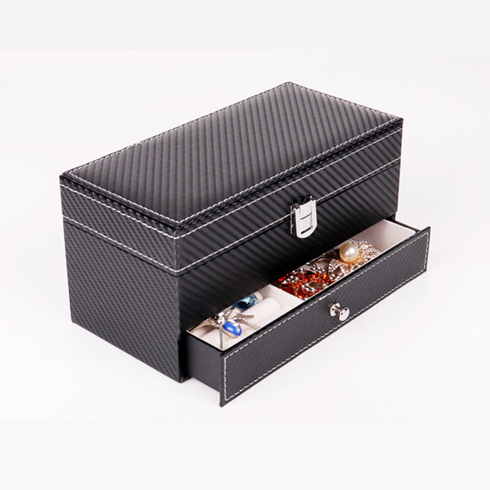 Carbon Fiber 4-bit Box Double Drawer Watch Box Storage Showing Watches Display Storage Box Case Jewelry Watch Collector Case(Bla