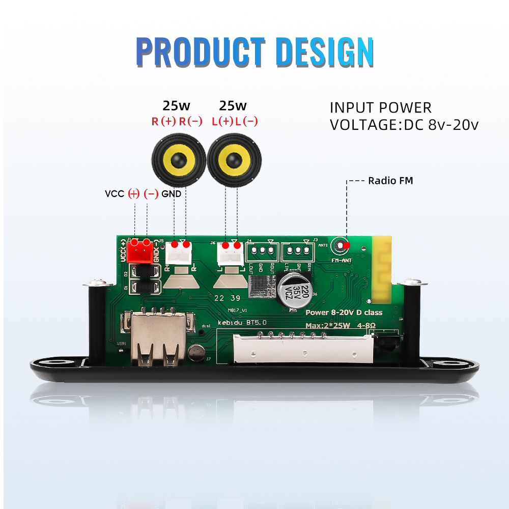 Dekoder Bluetooth 5.0 Odtwarzacz MP3 Wzmacniacz 50W Bezprzewodowy odtwarzacz muzyczny Audio Moduł radia FM USB Zestaw głośnomówiący do głośnika samochodowego