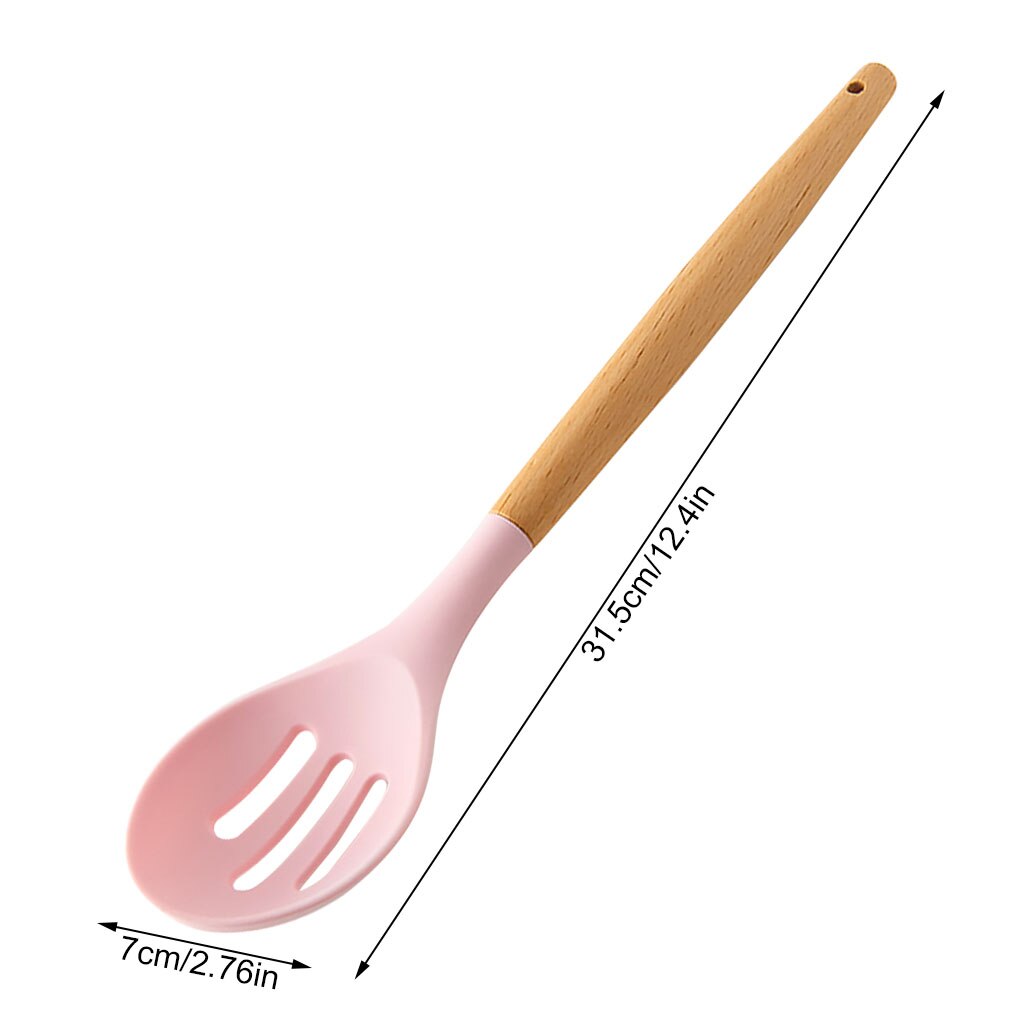 Wooden Handle Silicone Cooking Utensils Kitchen Utensil Set Non-stick Spatula Scraper Soup Spoon Brush Egg Beater Kitchen Tools: leak Spoon