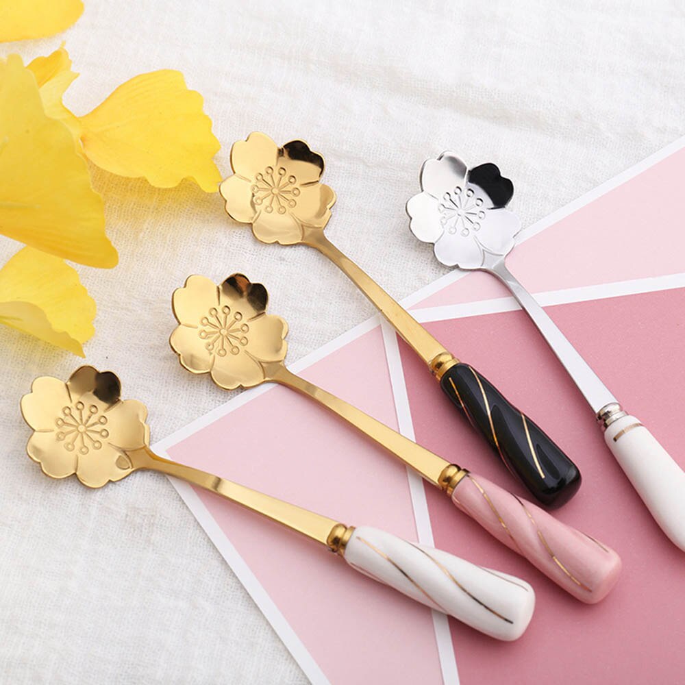 Flower Shape Spoon Ceramic Handle Stainless Steel Tea Coffee Spoon Teaspoons Coffee Stirring Spoon Coffee Accessorie Tableware