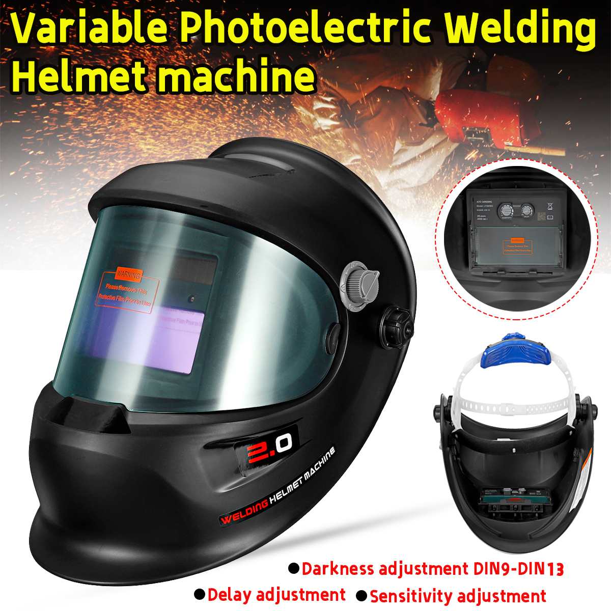 Solar Automatic Welding Helmet Autodarkening Welding Mask Lithium Battery DIN9-13 TIG MIG 4 Arc Sensor 92x42mm Big View