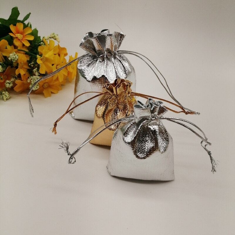 Bolsa de embalaje de tela de aluminio para joyería, bolsa de embalaje de joyería de boda, con cordón dorado y plateado, 50 Uds.