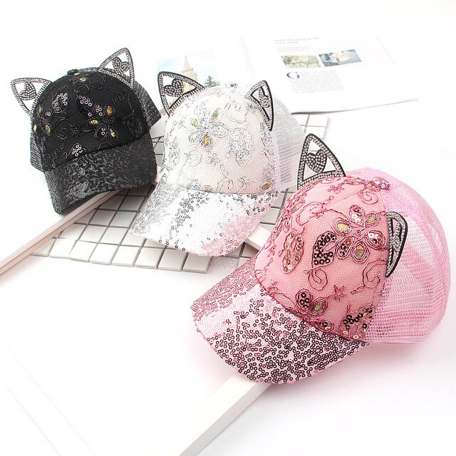Gorra de béisbol con orejas de gato para niños, gorro de béisbol con orejas chica, visera con lentejuelas, temporada primavera
