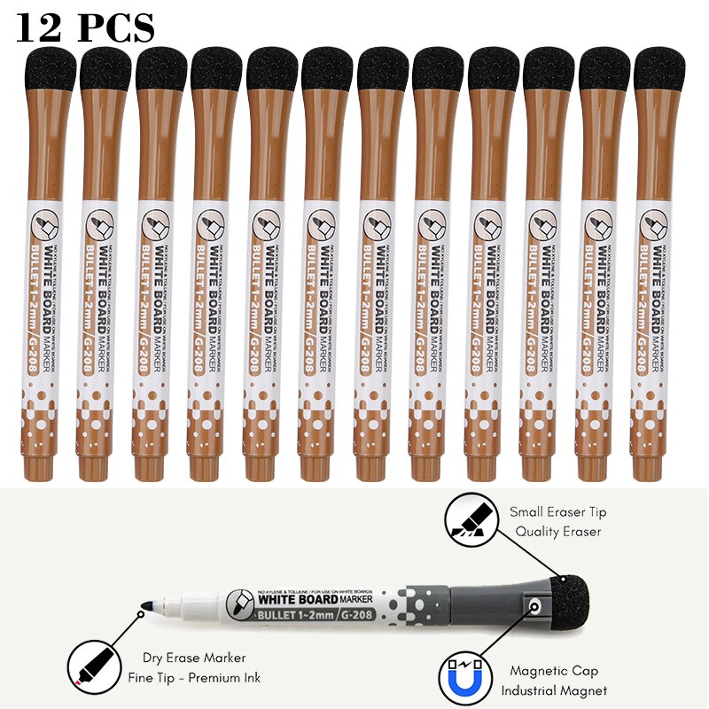 12 Pcs/lot Magnetic Dry Erase Whiteboard Markers Water 8 Colour Pen Black and White Office Supplies for Glass Ceramic Tile: 12Pcs-Brown