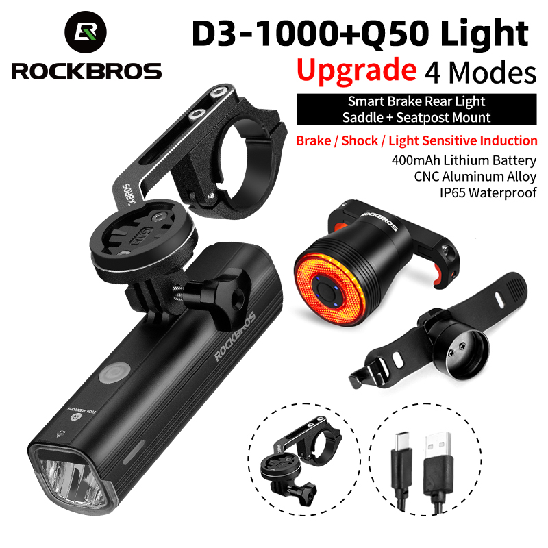 ROCKBROS-luz delantera y trasera para bicicleta, faro trasero de 1000 lúmenes, para ciclismo de montaña