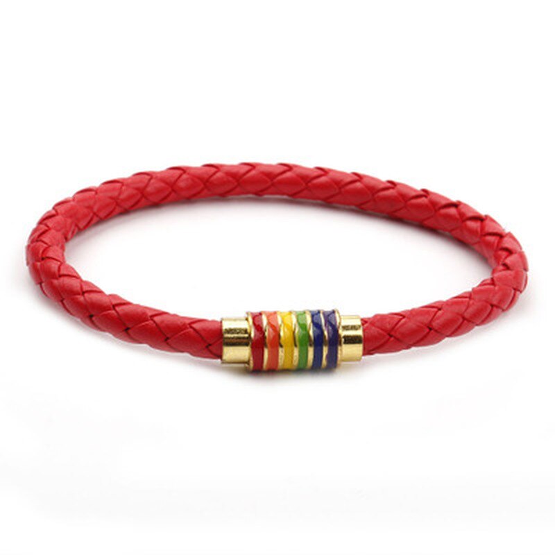 Zwart Gevlochten Leer Armband Lgbt Vrouwen Mannen Unisex Rvs Gay Pride Regenboog Magnetische Charms Armband
