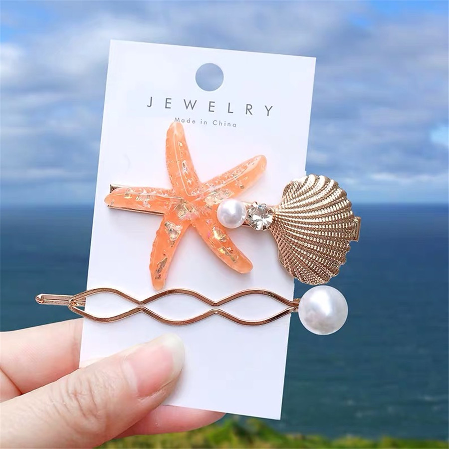 Mode Haarspelden Vrouwen Haar Accessoires Grote Zeester Sea Verkoop Simulatie Pearl Barrette Dames Hoofd Pins Clip Set Hoofddeksel: S2-Orange