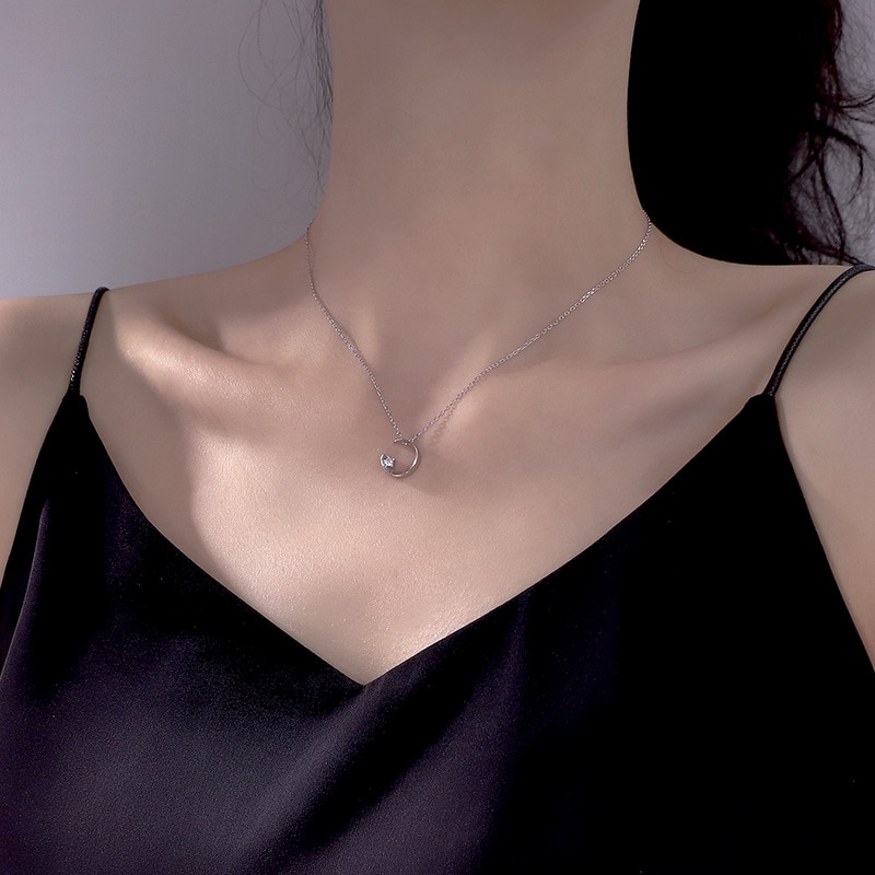 ANENJERY Minimalist Cubic Zircon Moon Pendant Necklace for Women Daily Jewelry Three Colors S-N654