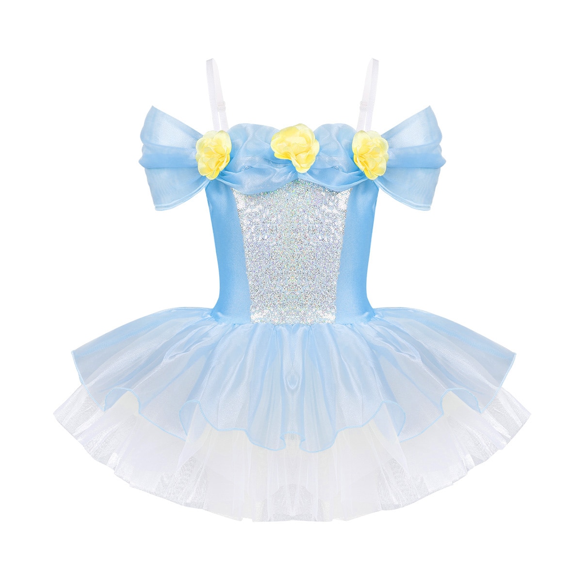 Iiniim-ballerine pour enfants, bretelles épaules dénudées, fleurs 3D, Ballet, danse, gymnastique, justaucorps, robe Tutu: Sky Blue / XL