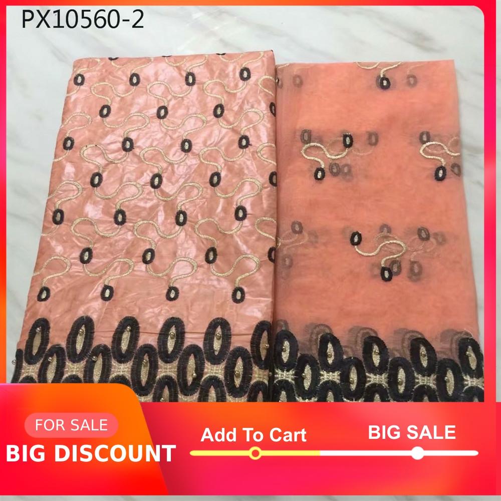 Goed verkopende perzikkleurige borduurstof van katoen, 5+2 meter, bazin riche-stof, nigeriaanse stof