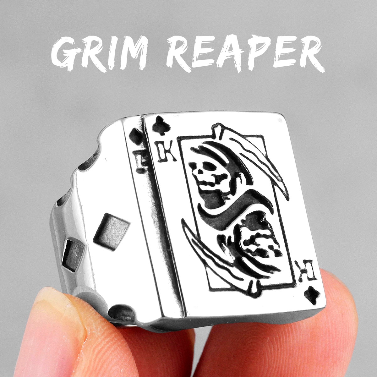 Grim – bague Punk gothique en acier inoxydable pour homme, bijoux, crâne de Poker, petit ami, motard, ,: 13