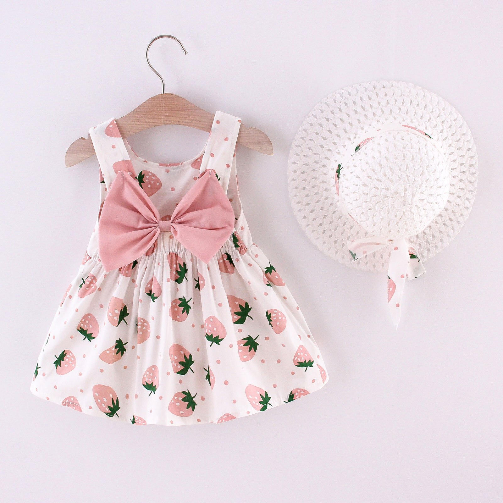 Robe d'été pour -né, vêtements pour filles, tenue de fête, sans manches, motif fraise, avec nœud de plage, princesse, chapeau