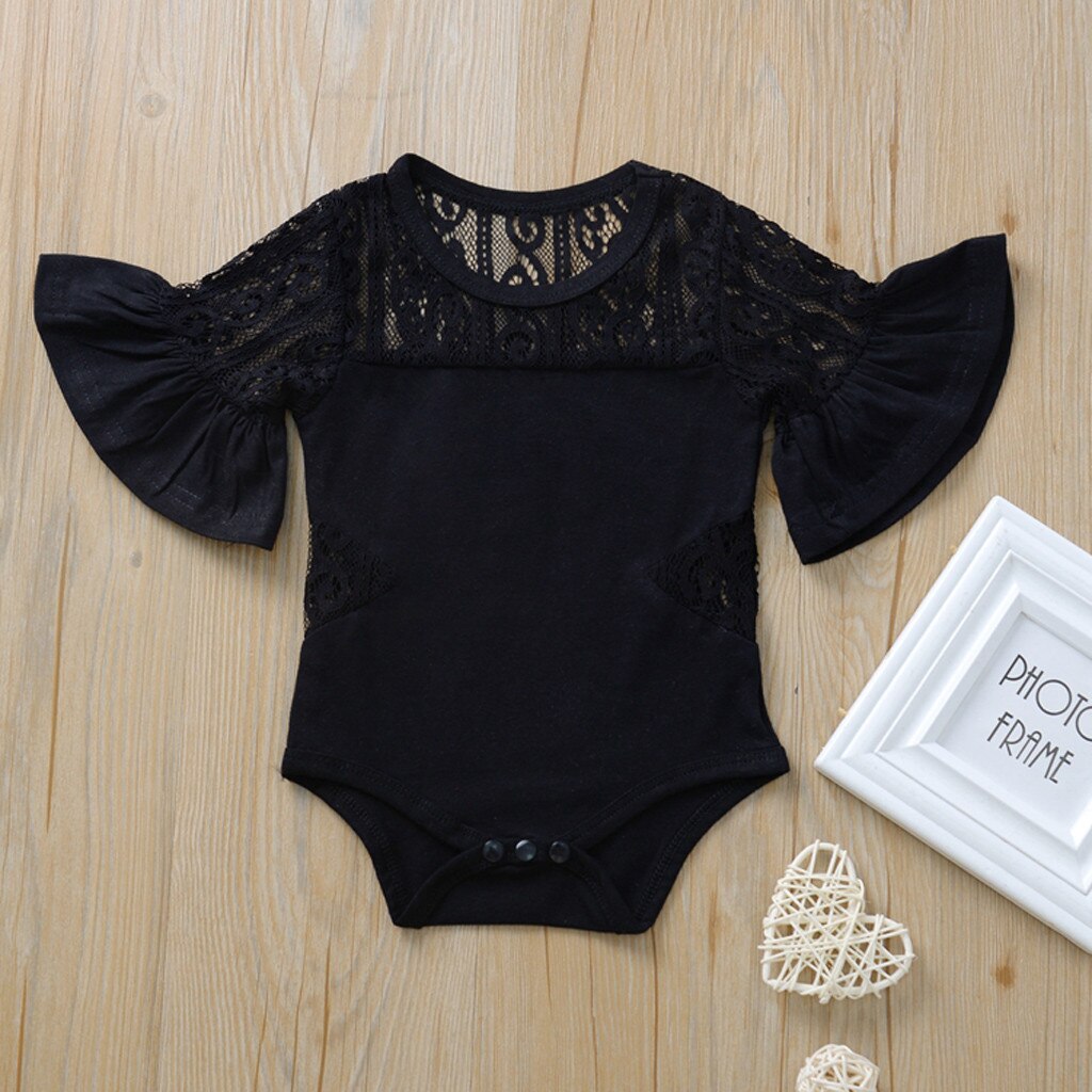 Mameluco de Niña 0-2 y recién nacido bebé niñas mangas acampanadas de encaje hueco mameluco ropa de verano bebé niños trajes ropa: Negro / 6 meses
