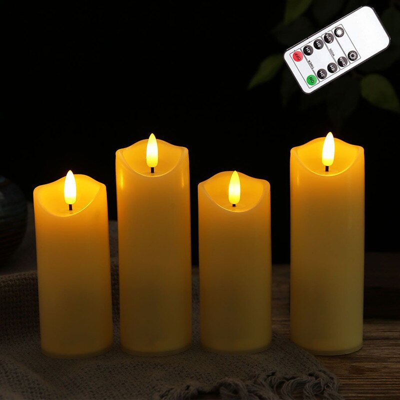 5.3cm(D.) Flickering Candle Light w/Remote Timer 3D Wick Battery Operated Pillar Candles Home Wedding Party Christmas Decoration: Set of 4