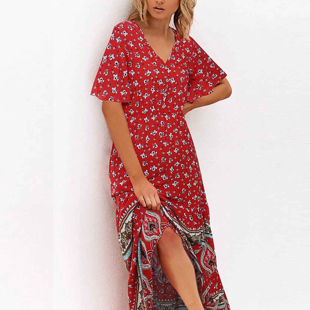 Vrouwen Zonnejurk Jurk Mode Bohe Dot Print Hemdje V-hals Button Verstoorde Vintage Jurk Casual Kleding Vestidos De Mujer Elbise