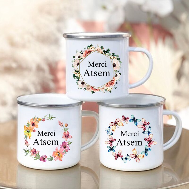 Merci atsem blomma tryck muggar kaffe te koppar drycker vatten mjölk kopp emalj mugg skolhandtag drinkware atsem