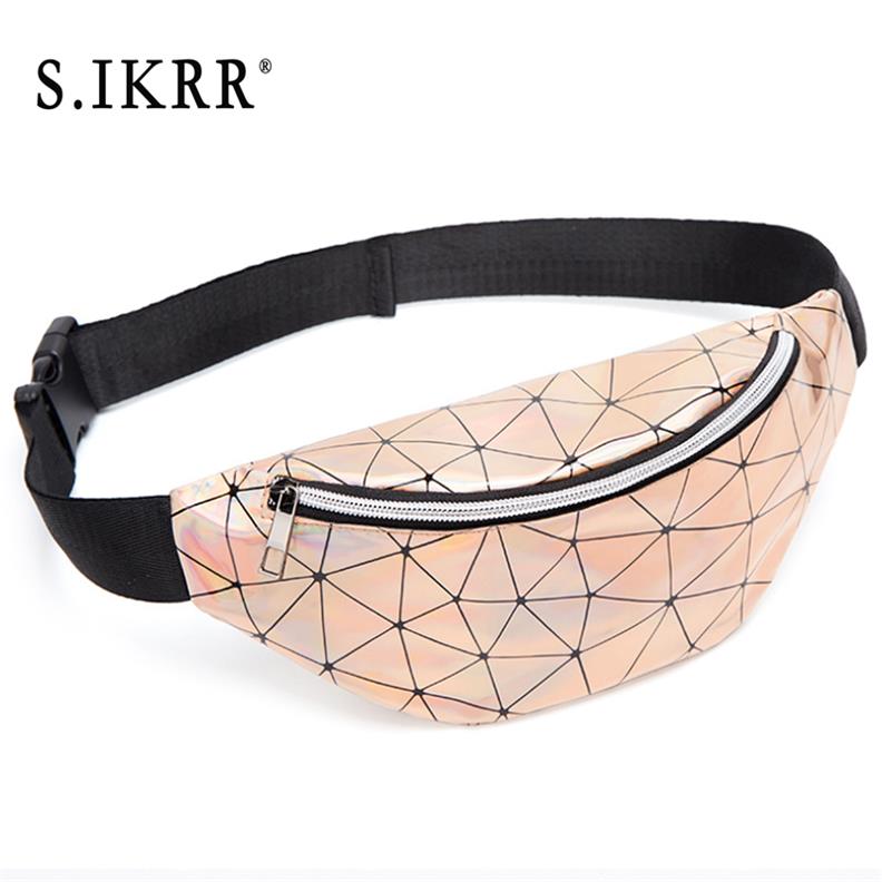 Disigner rhomboid holografisk fanny pack kvinnor midjeväskor cool personlighet geometrisk stöldskydd pu läder kudde 30 20: Guld-