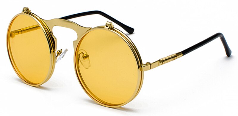 Peekaboo unisex retro steampunk sunglasses flip up green yellow red small round summer style unisex sun glasses men women: gold with yellow