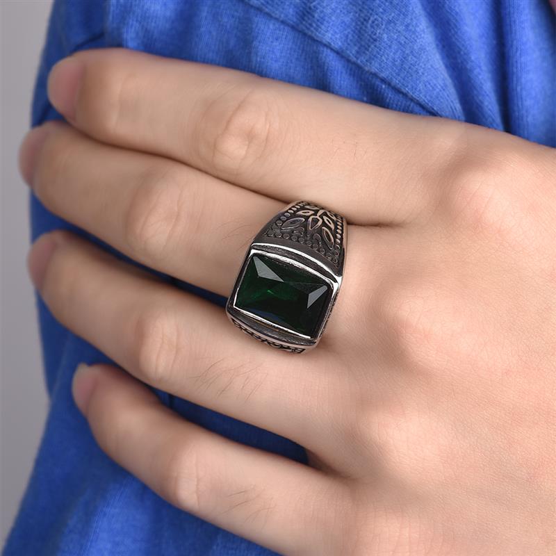 Anillo de acero inoxidable Jiayiqi Punk para hombre, anillos de dedo de piedra circón verde para hombre, accesorios de joyería, ,