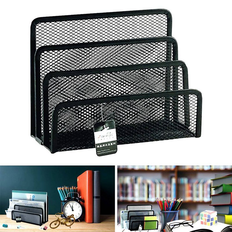 Black Office Barbed Wire 3 Upright Sections File Format Document Desk Shelf Books Notepad Holder Mesh Desk Organizer Metal Deskt