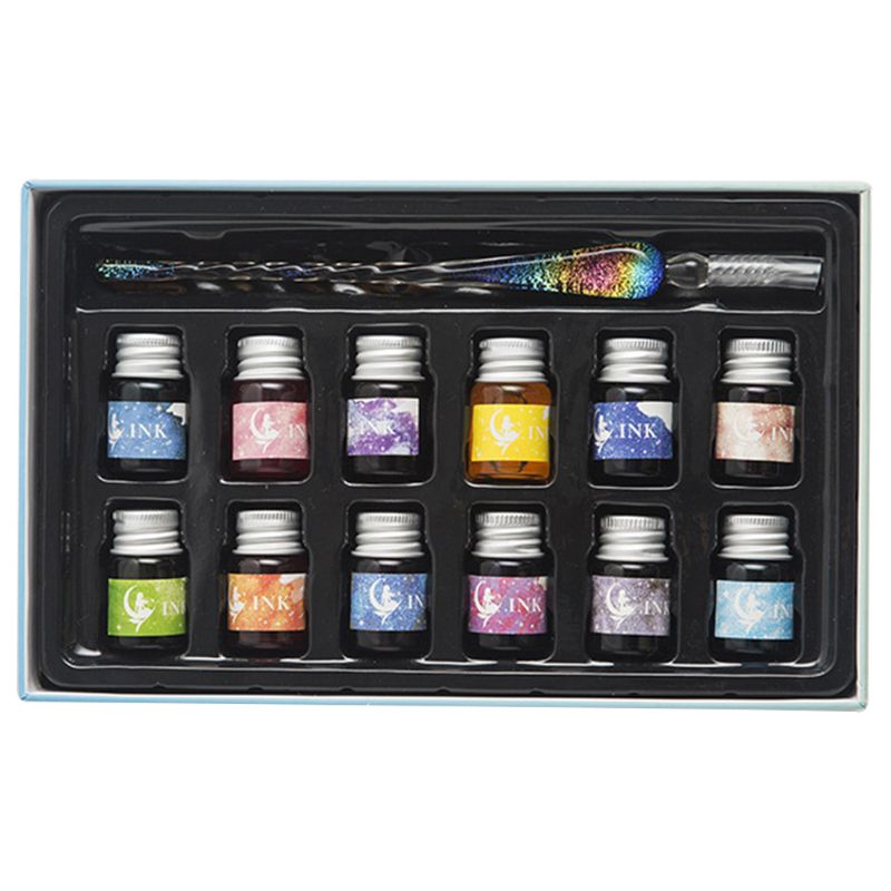 Cristal ciel étoilé verre encre stylo verre Dip stylo pour écrire stylo plume ensemble: A