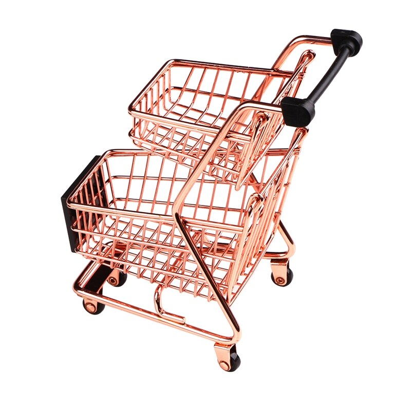 Mini Double Layers Shopping Cart Model Wrought Iron Supermarket Trolley Metal Rose Gold Storage Basket