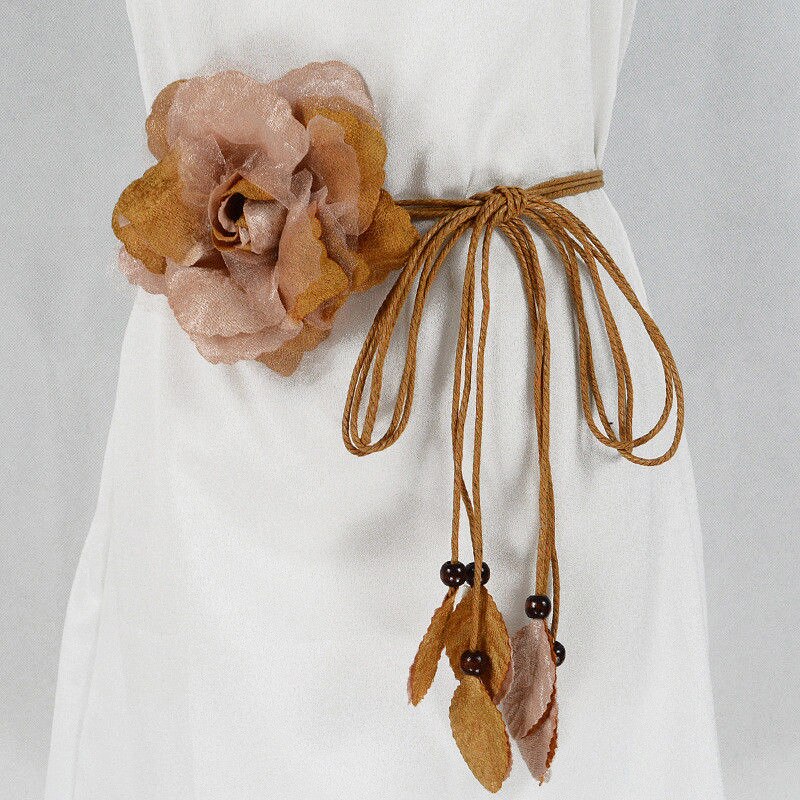Ceinture longue en mousseline de soie pour femmes, avec pompon décoratif, grande fleur, fine, coréenne, nouée