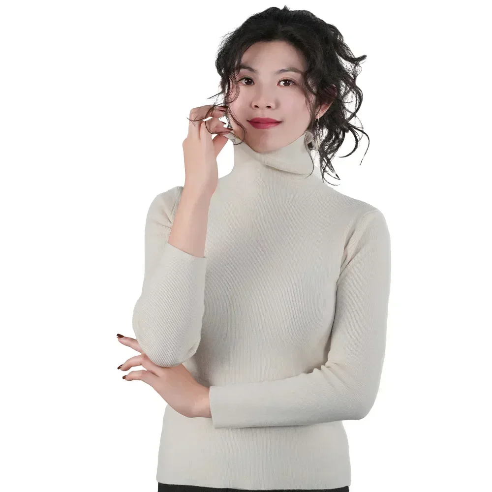 Damegenser vinter varm strikkeplagg med høy krage langermet slanke gensere dame termotopper klær pullover polohalsgensere: Lilla
