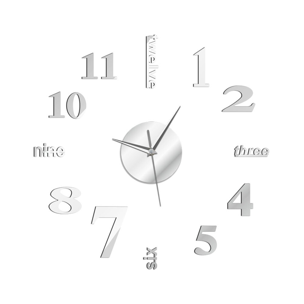 DIY Quiet Luminous Wall Clocks Wall Watch English Alphabet Number Horloge 3D DIY Acrylic Mirror Stickers Quartz Duvar Saat Klock: Silver / 12  inch