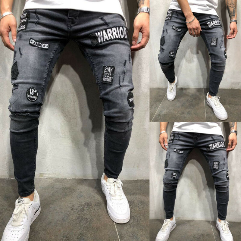 Calça jeans rasgada masculina, calça comprida skinny com rasgos destruídos para homens, casual slim fit S-3XL