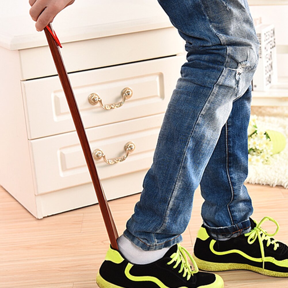 Wooden Shoe Horn Home Portable Lifter Stick Hanging Loop Durable 55cm Practical Useful Long Handle Red Flexible