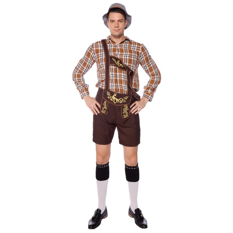 Men Oktoberfest Costume Germany National Plaid Shirt Lederhosen Outfit Cosplay Carnival Halloween Fancy Party Dress
