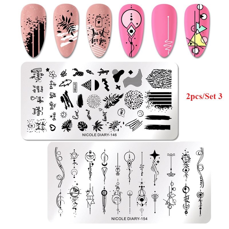 2Pcs Nicole Dagboek Nail Stempelen Platen Lente Bloem Rechthoek Rvs Nail Image Stencils Stempelen Template Tool: 2pcs set 3