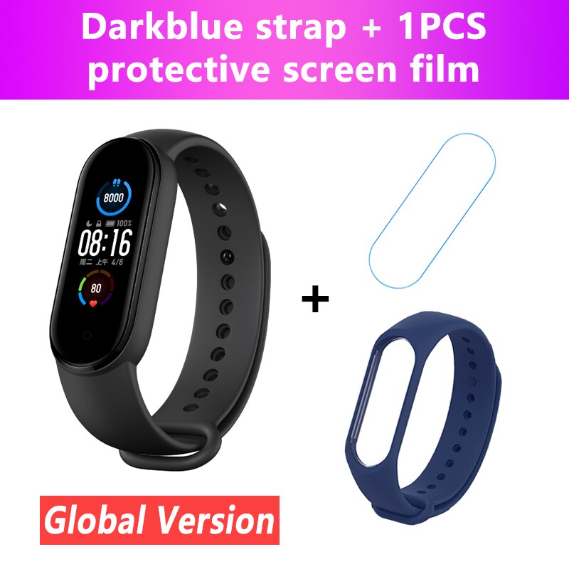 Global Version Xiaomi Mi Band 5 Smart Bracelet Control AI Voice Assistant Heart Rate Sleep Step Swim Sport Monitor APP Reminder: Add Darkblue Strap