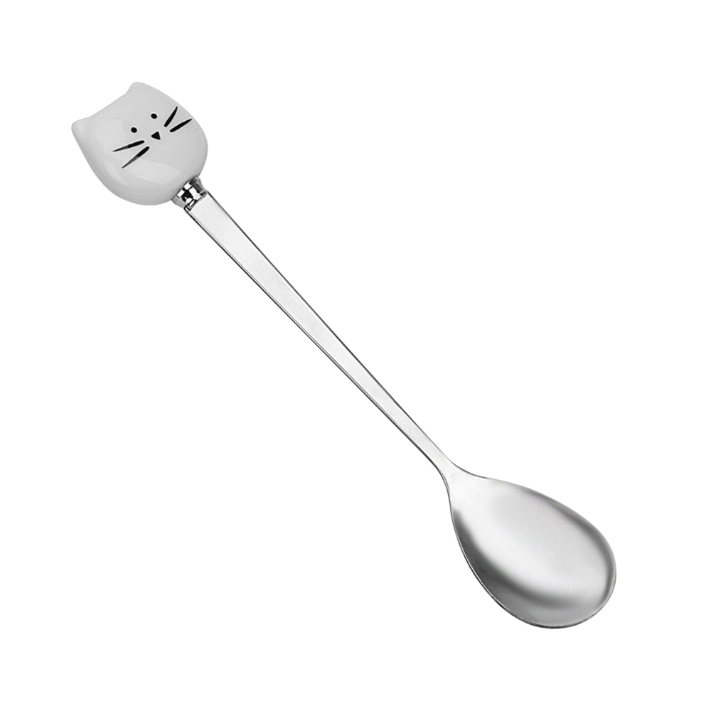 Cuchara de cerámica para helado de gato, herramienta de cocina, cubiertos, cuchara de café de acero inoxidable: Blanco