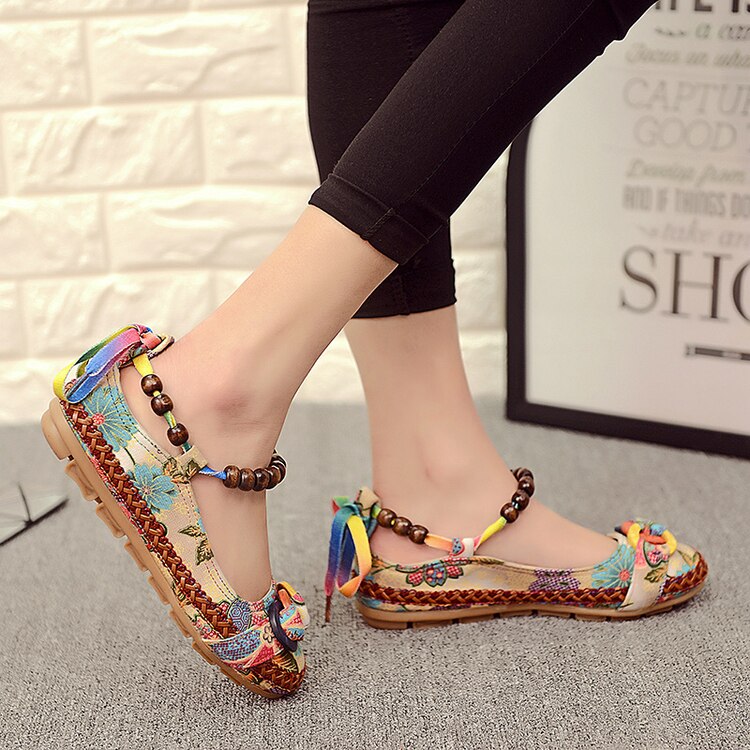 Zapatos planos informales de talla grande 42, Zapatos planos de Mujer hechos a mano con cuentas, mocasines de tiras, Zapatos Retro étnicos bordados para Mujer