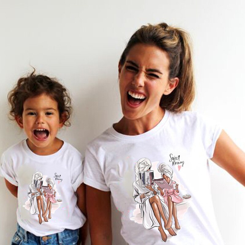 Familie Bijpassende Shirt Korte Mouwen Cartoon Tops Moeder Dochter Matching Kleding Family Look Baby Meisje Kleding