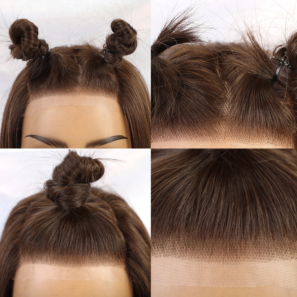 Pelucas de encaje frontal sintético Inhaircube con reflejos de 20 pulgadas, pelo liso Natural largo marrón para mujeres afroamericanas
