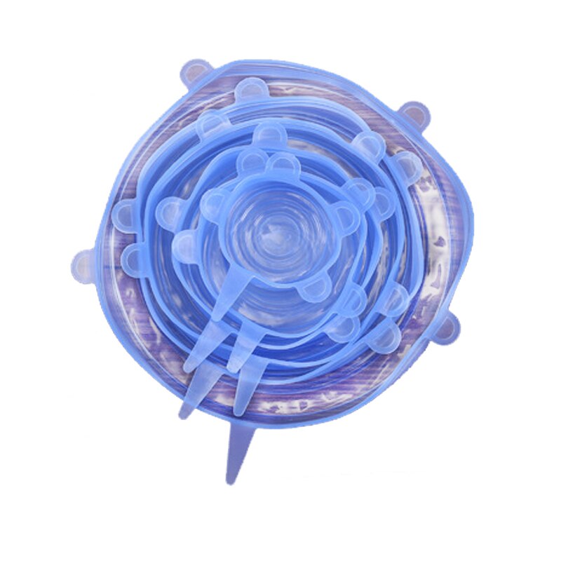 Envolturas de silicona reutilizables para alimentos, cubiertas selladas para mantener la comida fresca, sellado de silicona, tapas elásticas al vacío, organización de envolturas de Saran, 6 uds.: Blue