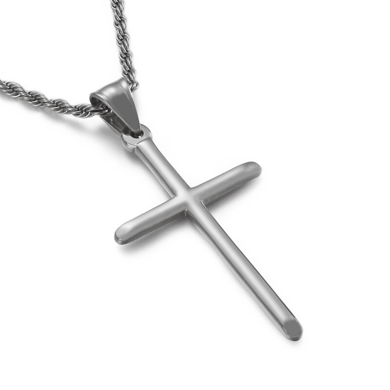 Trendy Golden Cross Pendant Necklace for Men Boy Stainless Steel Catholicism Religious Necklaces Simple Charm Male Jewelry: Silver