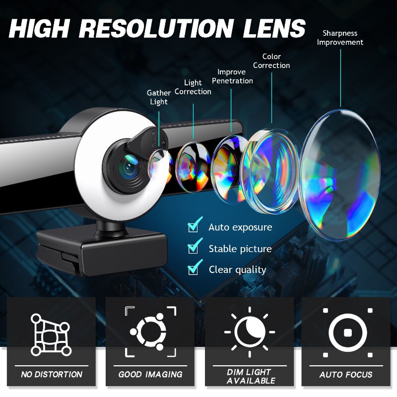 1080P/2K/4K Webcam with Ring Selfie Light Fill Light Built-in Microphone HD Camera for Computer PC Auto Focus Image Sensor