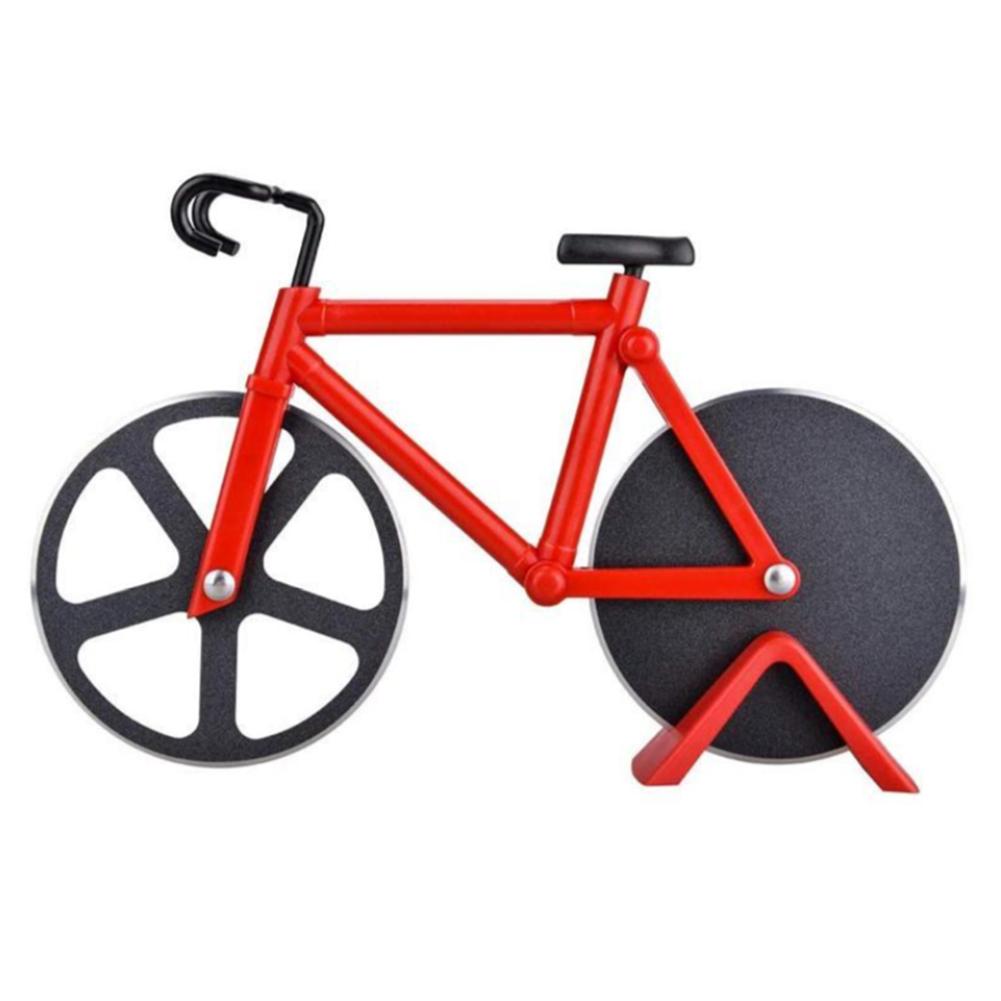 Cortador de Pizza con forma de bicicleta, cuchillo antiadherente de dos ruedas para cortar Pizza con soporte, herramienta de Pizza de acero inoxidable, suministros de cocina: Red