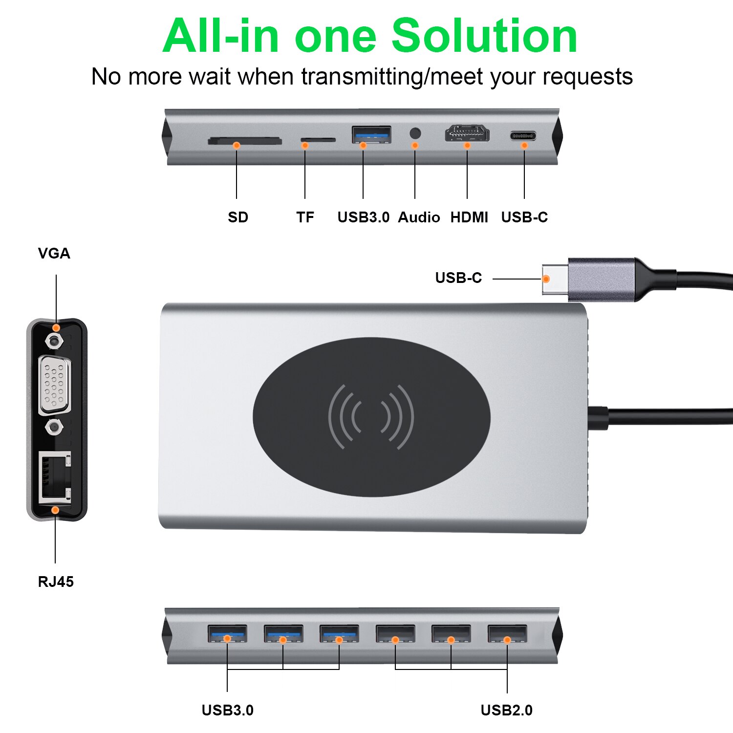 15 in 1 Typ C zu USB 3,0 Hub zu HDMI für MacBook Profi Huawei Kamerad 30 Erweiterung Dock USB-C Splitter Typ C Hub Drahtlose Ladegerät