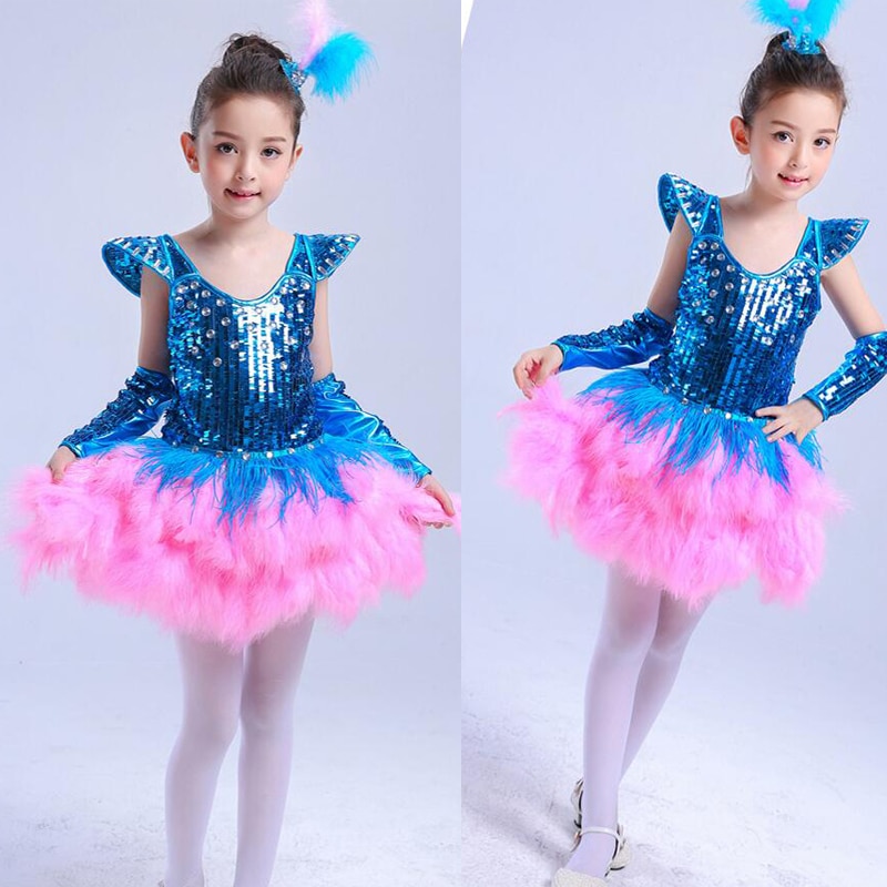 Pink Blue Girls Sequined Modern dance dress Kids Party dancewear costumes Outfits Children Ballroom Jazz Hip Hop dancing dress