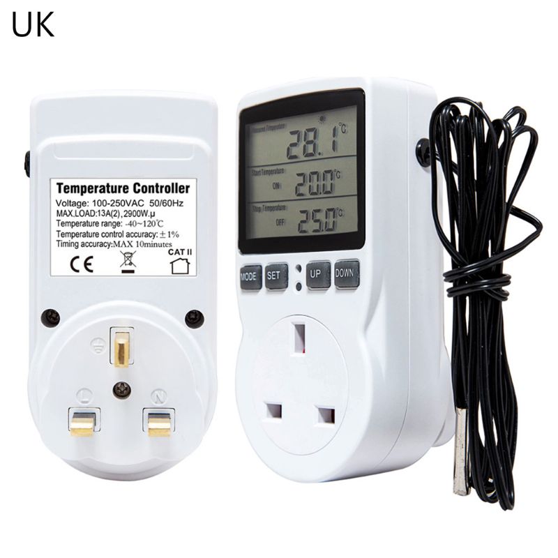 Multi-Function Thermostat Digital Temperature Controller Socket Outlet With Timer Switch Sensor Probe Heating Cooling 16A