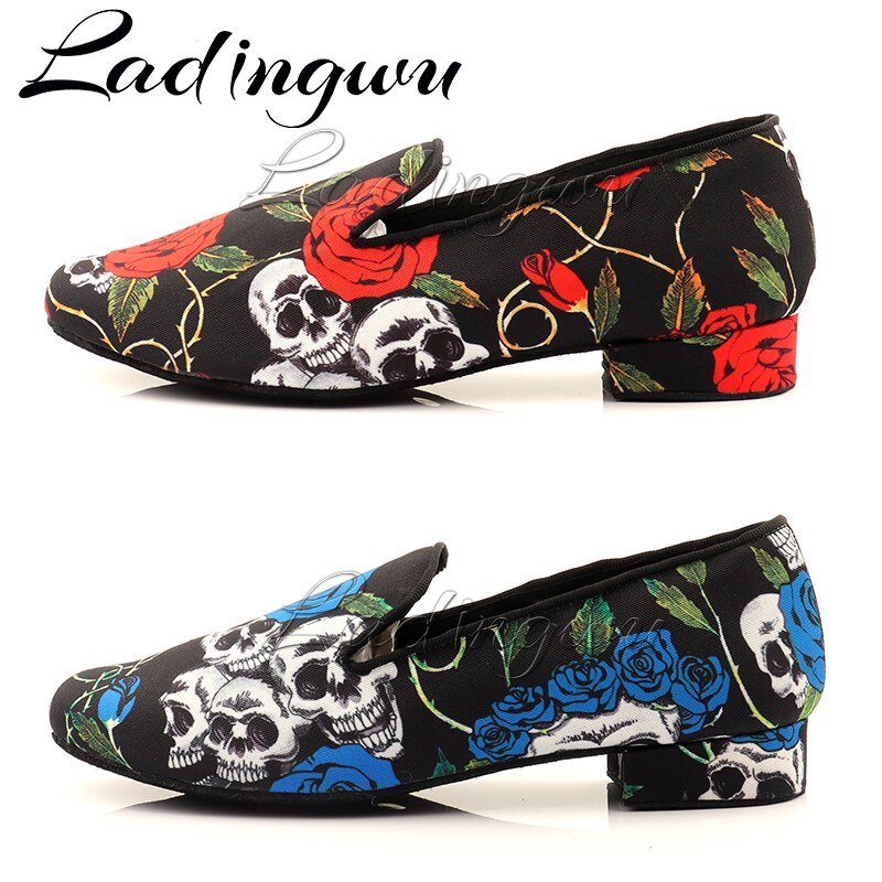 Ladingwu-zapatos de baile latino para hombre, zapatillas profesionales, zapatos de baile de salón, Halloween, Calavera, vaquero, garabatos, Tango, Salsa