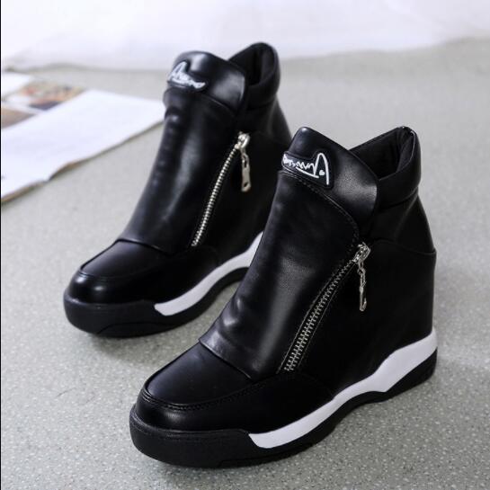 Botas cómodas de cuña oculta para mujer, zapatos femeninos de plataforma alta, informales, a la , con cremallera lateral, botines cálidos, zapatillas planas: Black / 39