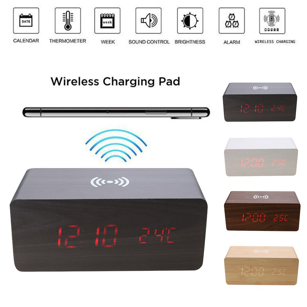 Digital Home Decoration Wooden Electric Alarm Clock with Wireless Charging Pad LED Digital Charger for BedroomUSB Charging Cable