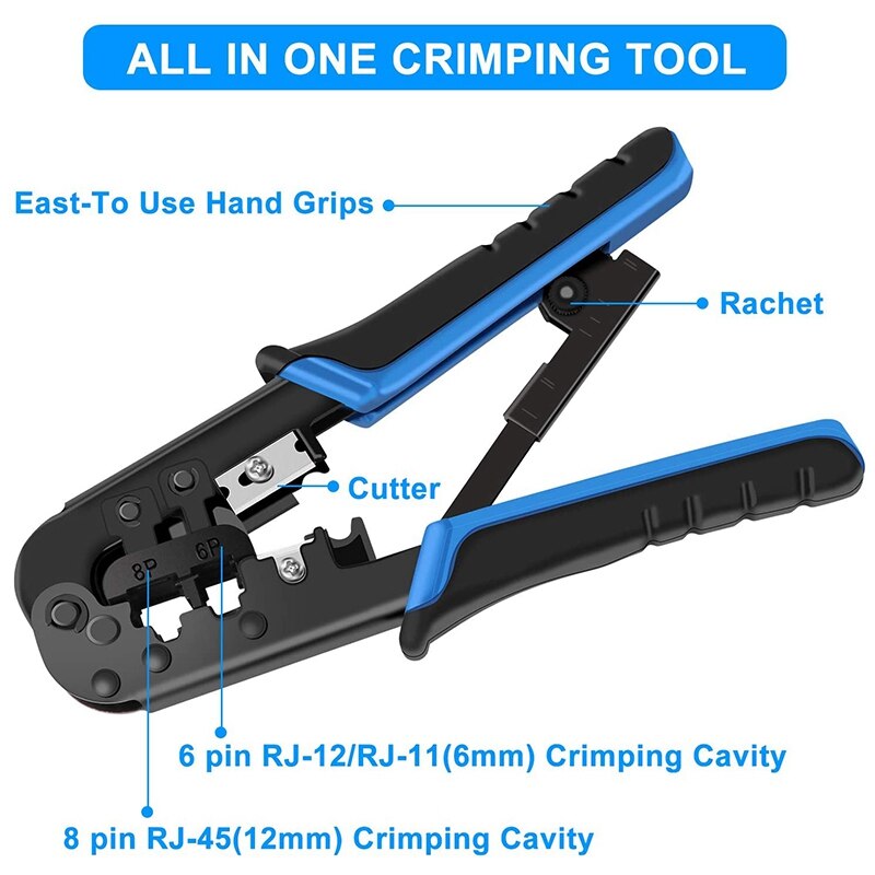 RJ45 Crimping Tool, Cut, Strip Tool with Cable Tester, Cat5 Connectors,Covers,Network Wire Stripper